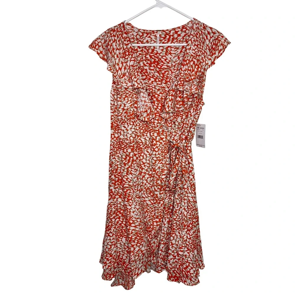 Free People French Quarter Orange Abstract Ruffle Wrap Mini Dress Medium NWT